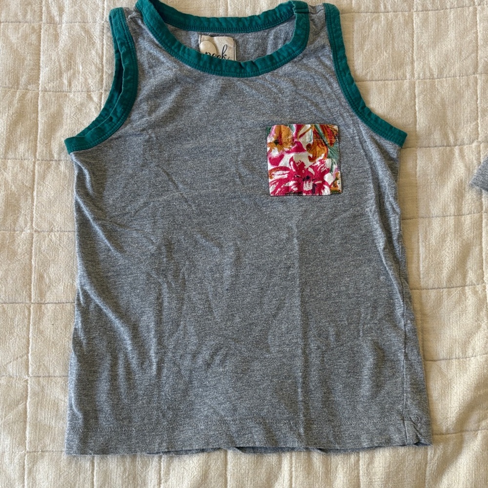 Peek Gray Tank Top with Teal Accents and Floral Pocket